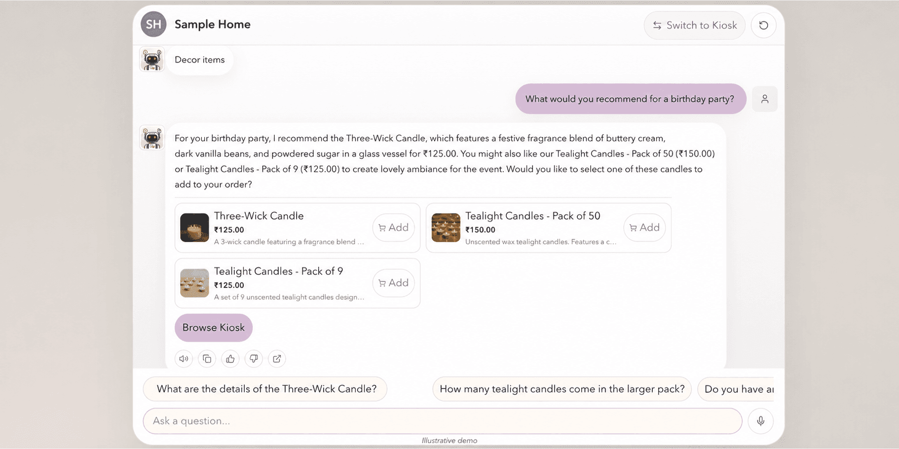 Public AI chatbot answering a sample product question with candle cards, prices and Add controls.